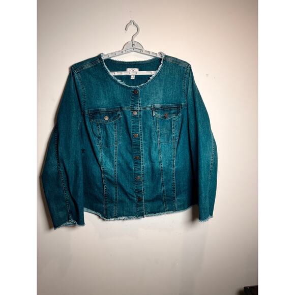 LOGO Lori Goldstein Raw Hem Denim Jacket Blue Button Front – Size 26W - Picture 1 of 4